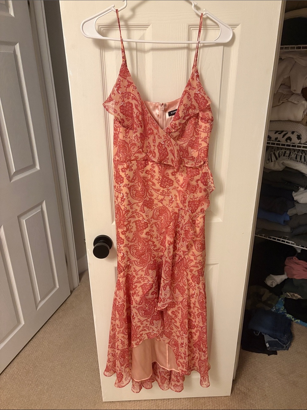 Express Coral and Pink Paisley High-Low Ruffle Slip Dress